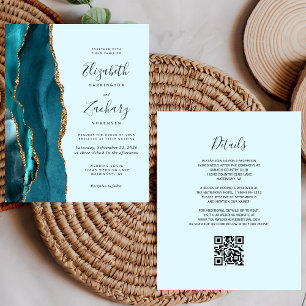 Papier Budget Pale Turquoise Gold Agate QR Code Mariage