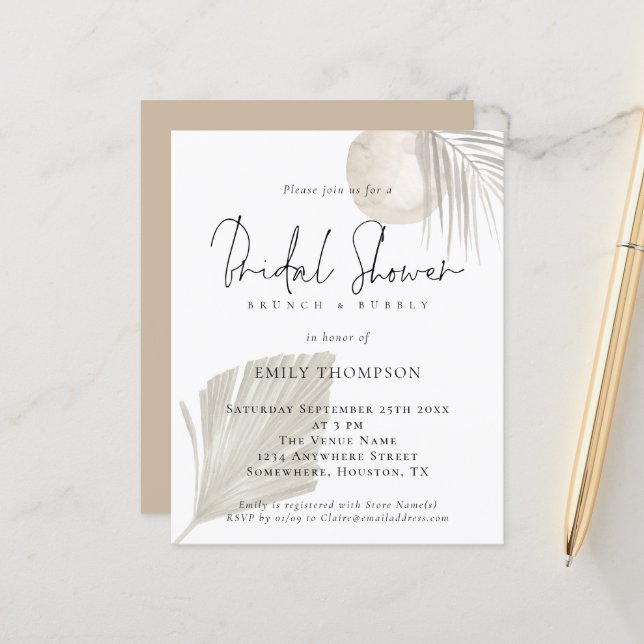 Papier Budget Pampas Brunch Bubbly Fête des mariées Invit (Devant/Arrière en situation)