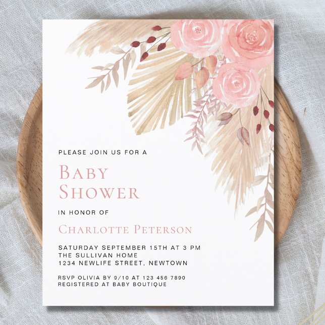 Papier Budget Pampas Grass Girl's Baby shower Invitation (Créateur téléchargé)