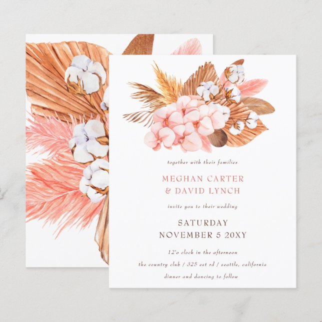 Papier Budget Pampas Orchidées Faire-part de mariage Blus (Devant / Derrière)