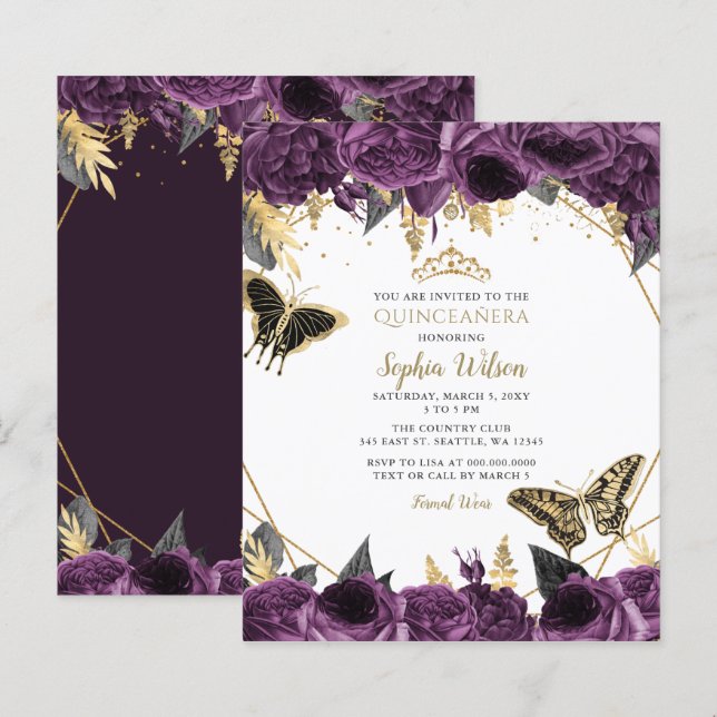 Papier Budget Papillon pourpre Quinceañera Invitation (Devant / Derrière)