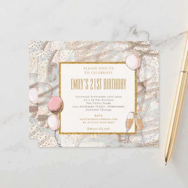Papier Budget Parties scintillant Fille 21e fête Invitati (Devant/Arrière en situation)