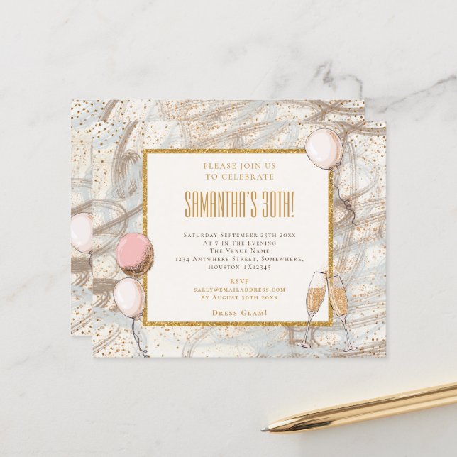 Papier Budget Parties scintillant Fille 30e fête Invitati (Devant/Arrière en situation)