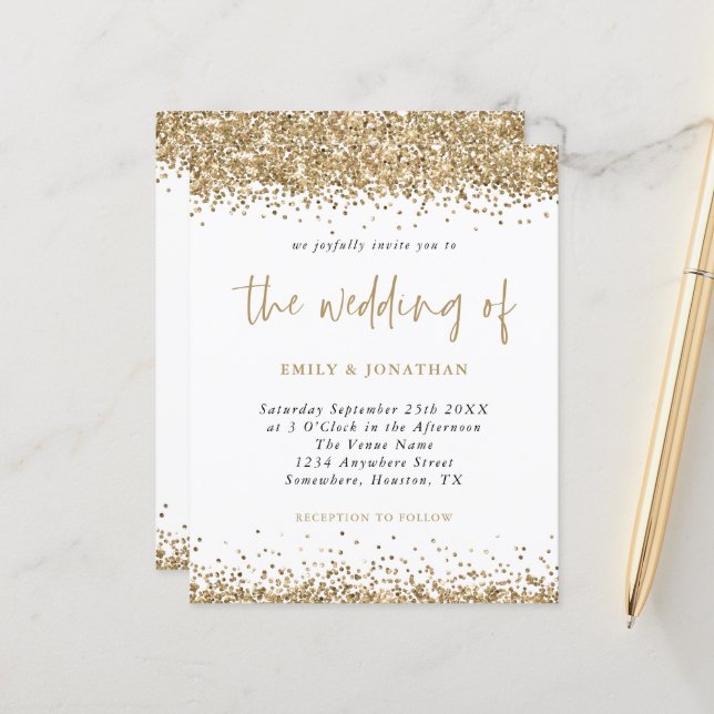 Papier Budget Parties scintillant or Confetti Faire-part  (Devant/Arrière en situation)