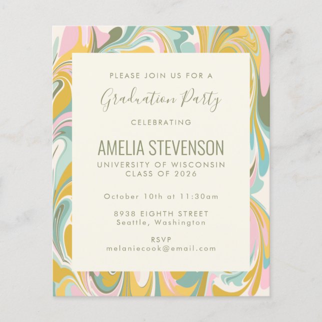 Papier Budget Pastel Marbre Invitation de la fête de grad (Devant)