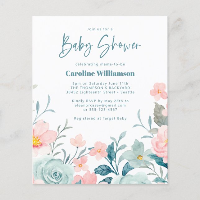 Papier Budget Pastel Turquoise rose Baby shower Floral In (Devant)