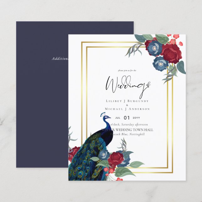 Papier BUDGET Peacock Bleu Bourgogne Mariage de automne d (Devant / Derrière)