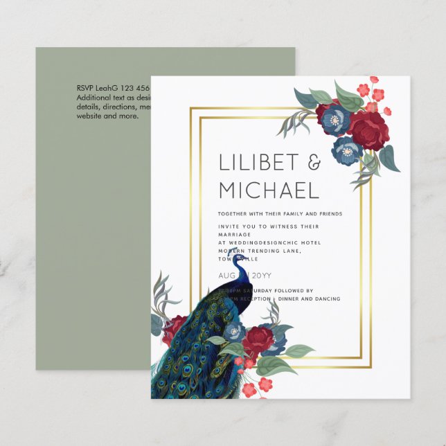 Papier BUDGET Peacock Bleu Bourgogne Mariage de automne d (Devant / Derrière)