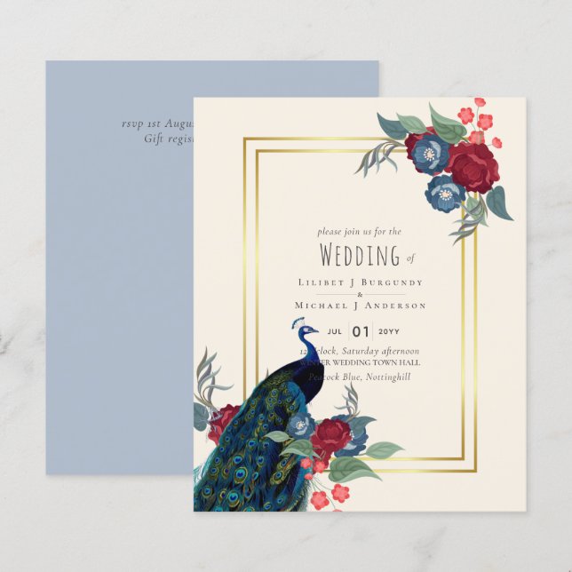 Papier BUDGET Peacock Bleu Bourgogne Mariage de automne d (Devant / Derrière)