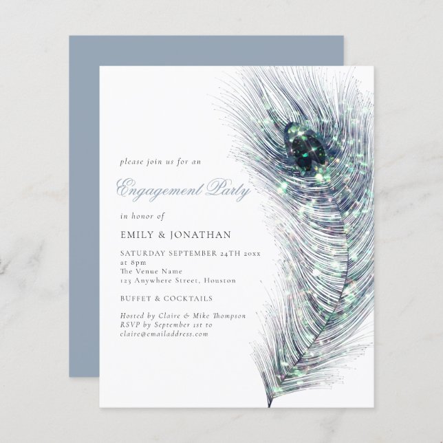 Papier Budget Peacock Feather Engagement Party Invitation (Devant / Derrière)