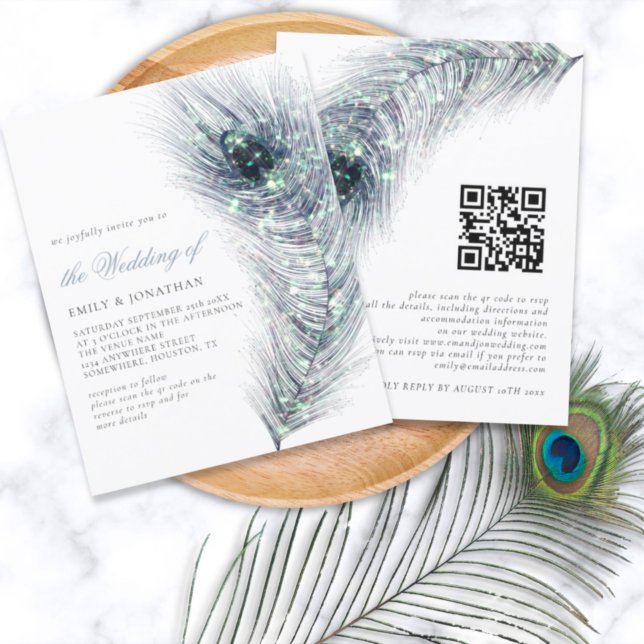 Papier Budget Peacock Feather QR Code Mariage Invitation (Créateur téléchargé)