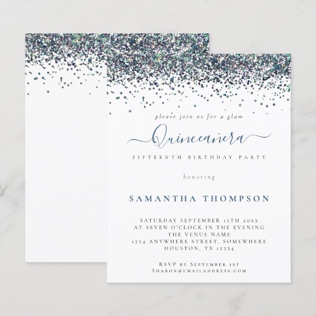 Papier Budget Peacock Parties scintillant Bleue Quinceañe (Devant / Derrière)