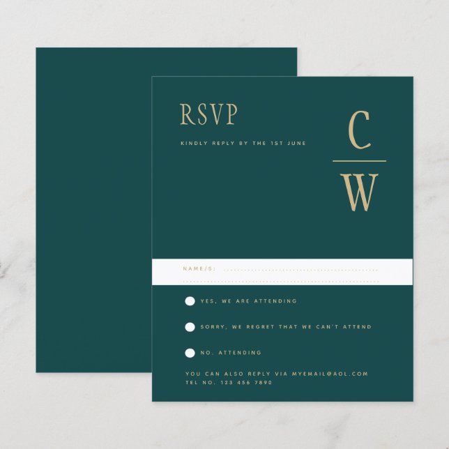 Papier BUDGET Peacock TURQUOISE Green Gold Wedding RSVP (Devant / Derrière)