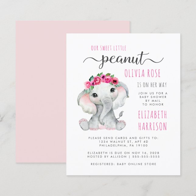 Papier Budget Peanut Elephant Baby Girl Douche par courri (Devant / Derrière)