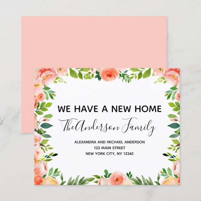 Papier Budget Pêcher Corail Floral Moving Faire-part (Devant / Derrière)