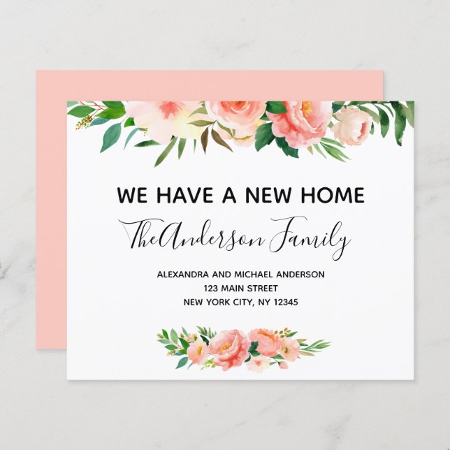 Papier Budget Pêcher Corail Floral Moving Faire-part (Devant / Derrière)