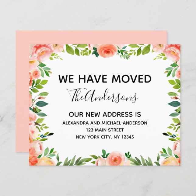 Papier Budget Pêcher Corail Floral Moving Faire-part (Devant / Derrière)