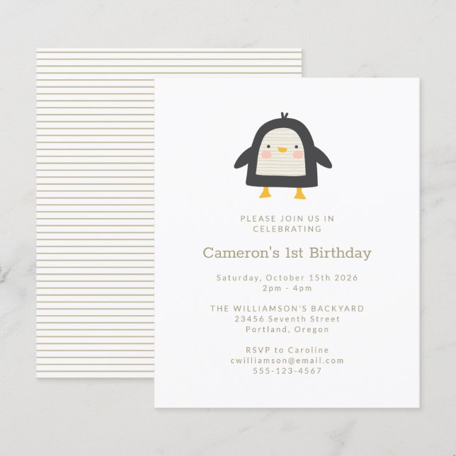 Papier Budget Penguin Simple 1er anniversaire Invitation (Devant / Derrière)