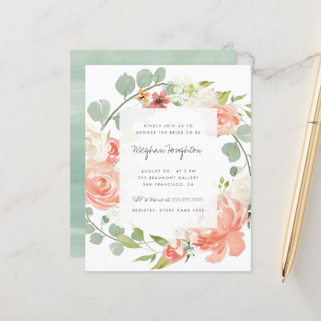Papier Budget Peonies Eucalyptus Fête des mariées de cour (Devant/Arrière en situation)