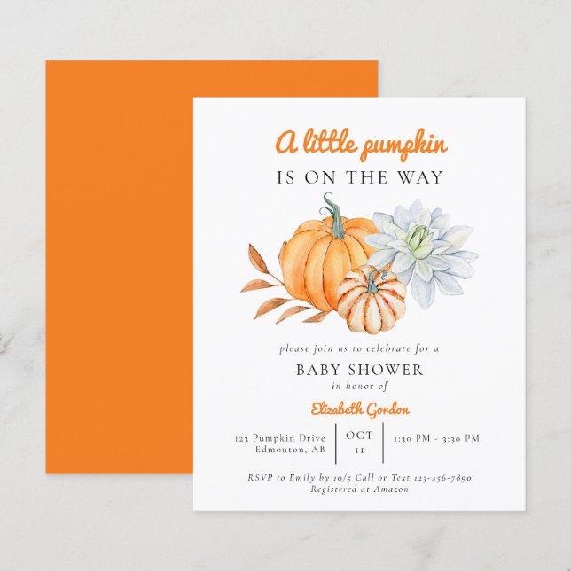Papier Budget Petit Baby shower Citrouille Élégant Simple (Devant / Derrière)