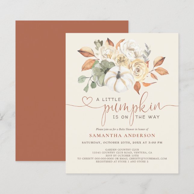 Papier Budget Petit Citrouille Floral Baby shower Invitat (Devant / Derrière)
