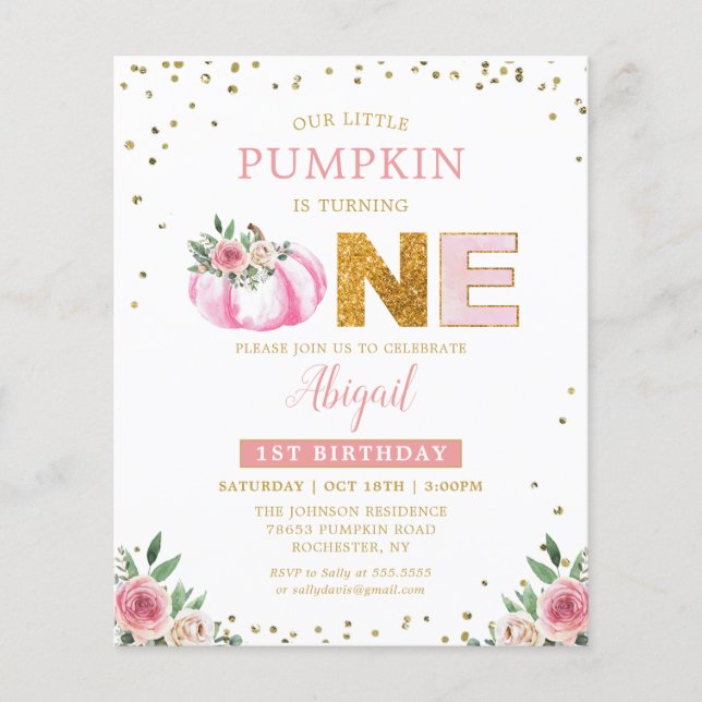 Papier Budget Petit Citrouille rose Floral 1er anniversai (Devant)