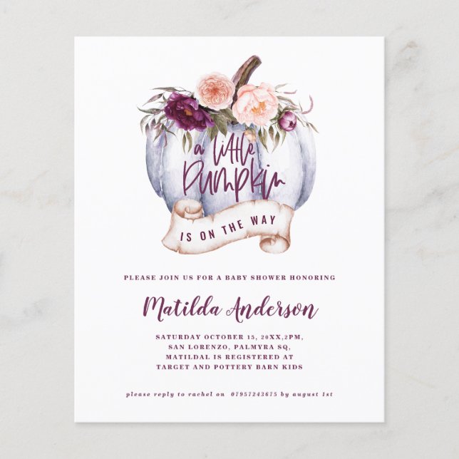 Papier budget Petite citrouille automne baby shower invit (Devant)
