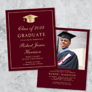Papier Budget Photo Burgundy Gold Graduation Party Invita