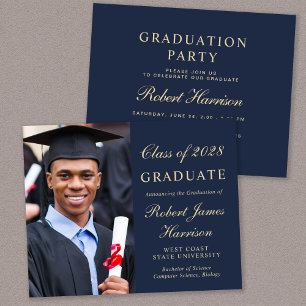 Papier Budget Photo College Blue Graduation Party Invitat