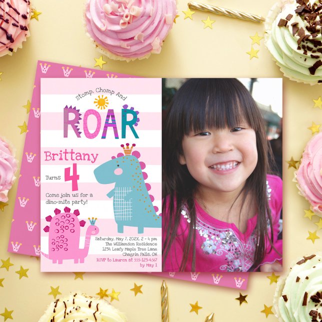 Papier Budget Photo Dinosaures Fille Anniversaire Invitat (Créateur téléchargé)