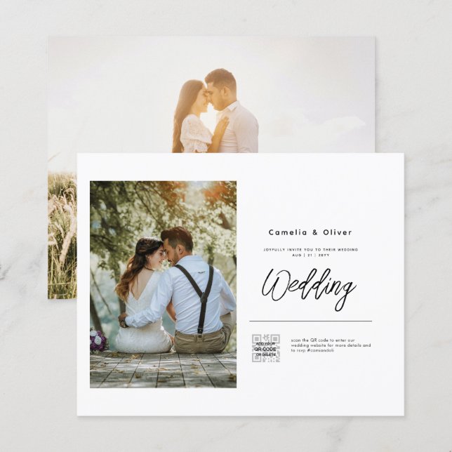 Papier Budget Photo Faire-part de mariage classique blanc (Devant / Derrière)