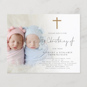 Papier Budget Photo Gold Cross Twins Christening Invitati