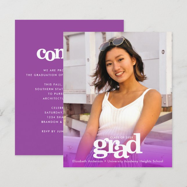 Papier Budget photo mauve graduation moderne invitation (Devant / Derrière)