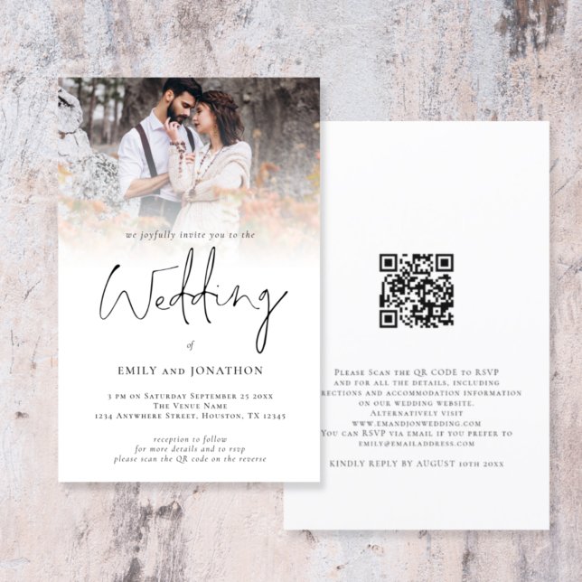Papier Budget Photo Overlay QR Code Script Wedding Invita (Front and back view. Larger size budget price alternative)