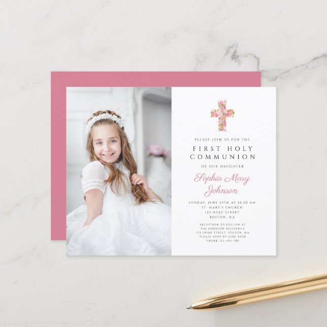 Papier Budget Photo Pink Floral Cross Première communion (Devant/Arrière en situation)