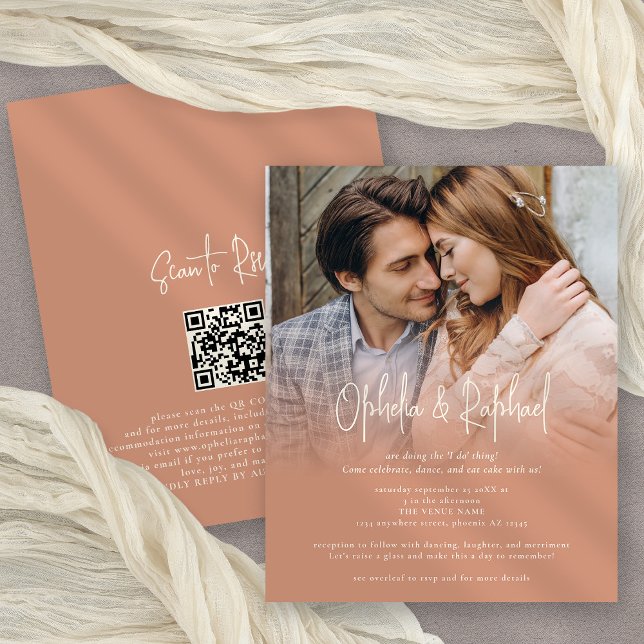 Papier Budget Photo QR Boho Terracotta mariage Inviter (Front and back view)