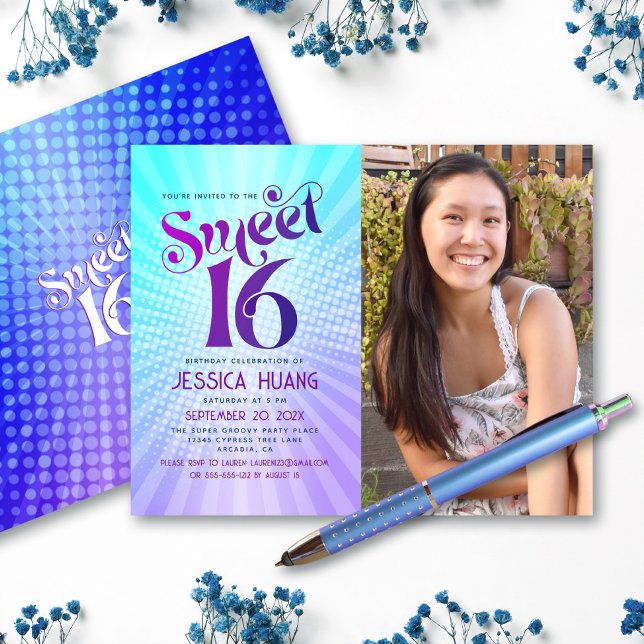 Papier Budget Photo Sweet 16 Purple Blue Gradient Invitat (Créateur téléchargé)