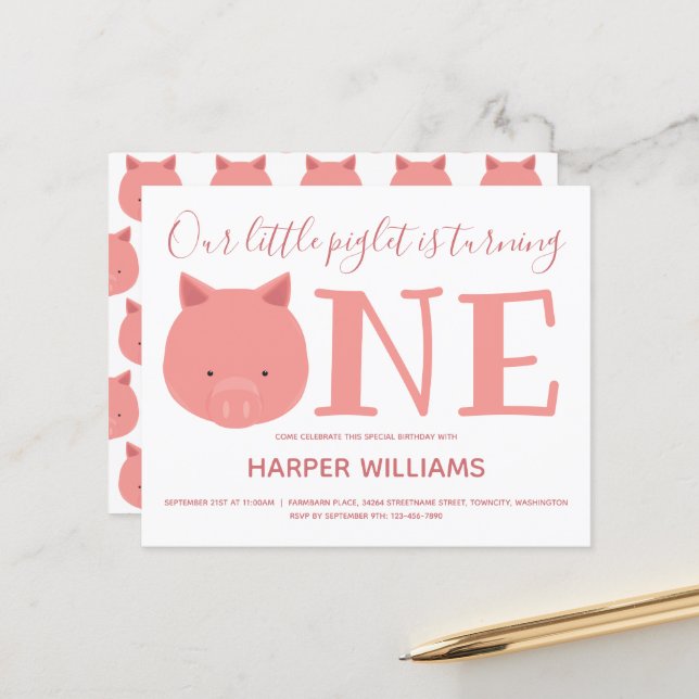 Papier Budget Pig One Baby First Birthday (Devant/Arrière en situation)
