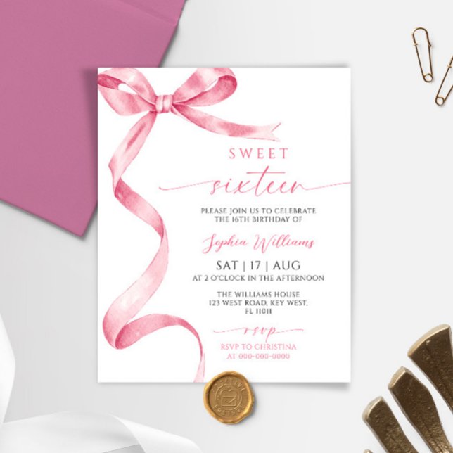 Papier Budget Pink Bow Sweet 16 Anniversaire Invitation (Créateur téléchargé)