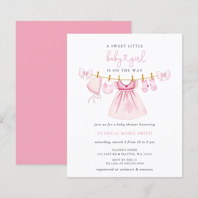 Papier Budget Pink Clothesline Bow Girl Baby shower (Devant / Derrière)