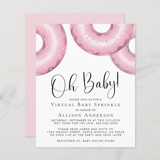 Papier Budget Pink Donuts Virtual Baby Sprinkle Invitatio (Devant / Derrière)