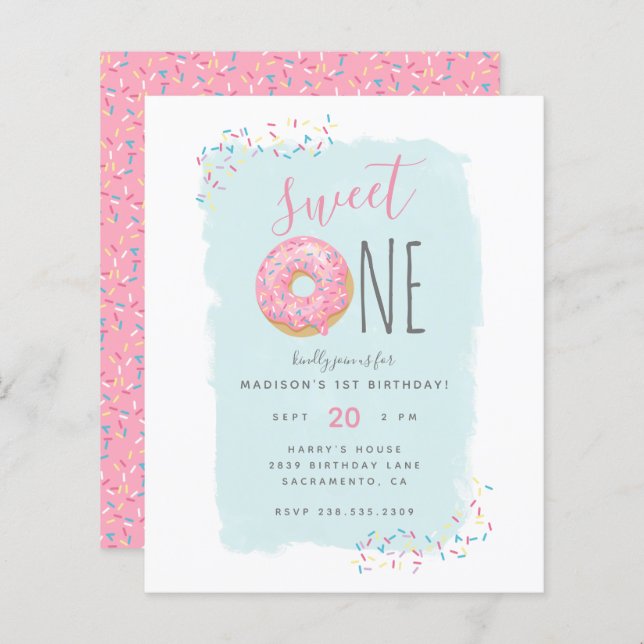 Papier Budget Pink Doughnut Parsemer Doux 1er anniversair (Devant / Derrière)
