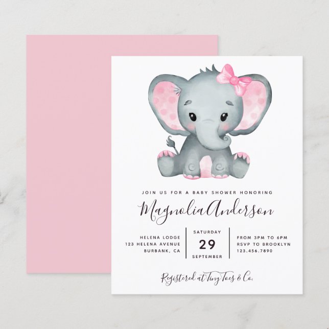 Papier BUDGET Pink Elephant Baby shower Invitation (Devant / Derrière)