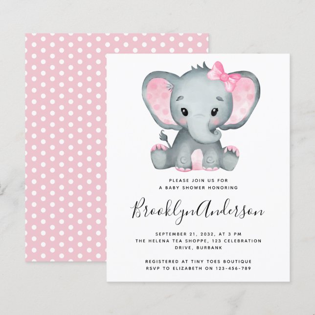 Papier BUDGET Pink Elephant Baby shower Invitation (Devant / Derrière)