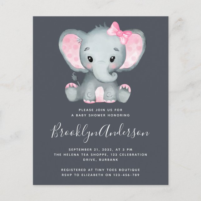 Papier BUDGET Pink Elephant Baby shower Invitation (Devant)