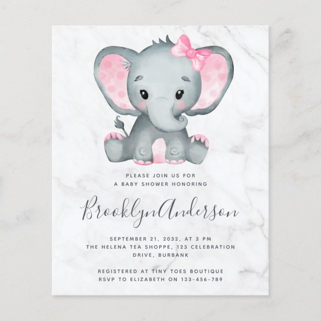 Papier BUDGET Pink Elephant Baby shower Invitation (Devant)
