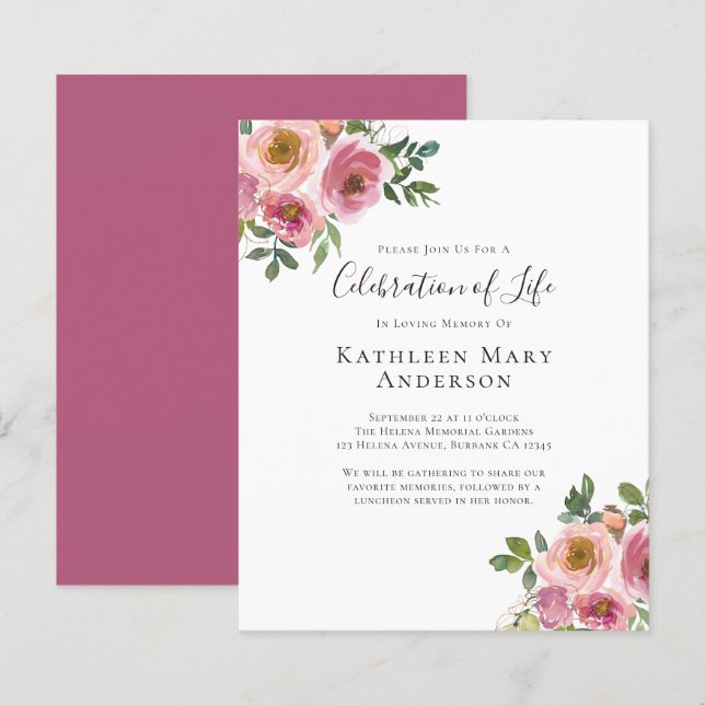 Papier Budget Pink Floral Célébration de vie Invitation (Devant / Derrière)