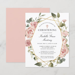 Papier Budget Pink Floral Cross Christening Invitation