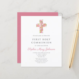 Papier Budget Pink Floral Cross Religion Première Communi