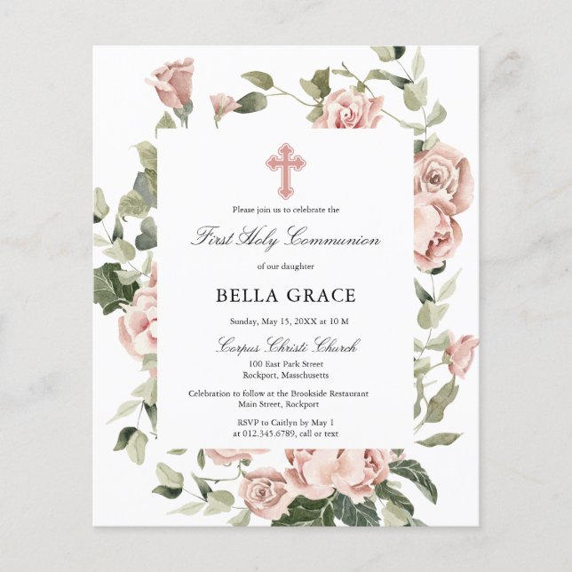 Papier Budget Pink Floral First Holy Communion Invitation (Devant)